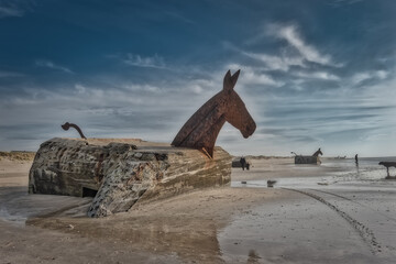 Bunker Mules horses on Blaavand Beach, North Sea coast, Denmark