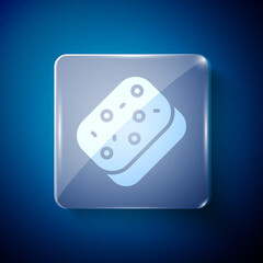 White Sponge with bubbles icon isolated on blue background. Wisp of bast for washing dishes. Cleaning service logo. Square glass panels. Vector.