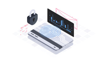 Mobile data security isometric vector illustration. Online payment protection system. Fingerprint recognition technology.