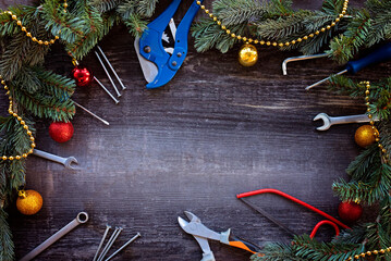 Set of constructor repair handt tools on wood background, Christmas and happy new year concept. Copy space. Flat lay.