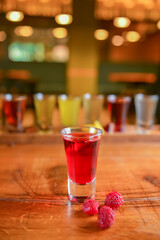 Tincture alcoholic in small shot glasses. Natural fruit alcohol drinks, shots served on a wooden table.