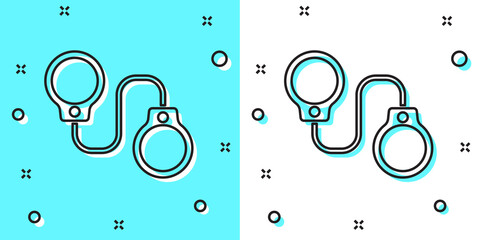 Black line Handcuffs icon isolated on green and white background. Random dynamic shapes. Vector.