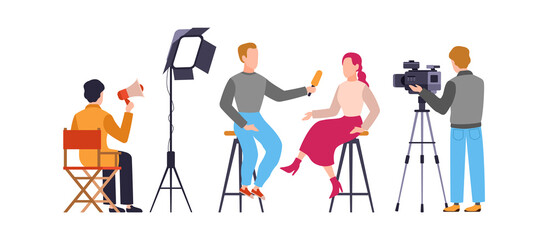 Press interview with cameraman. Journalist interviews. Newscaster and journalist profession. Operator holds camera and reporter with microphone, television industry flat vector character