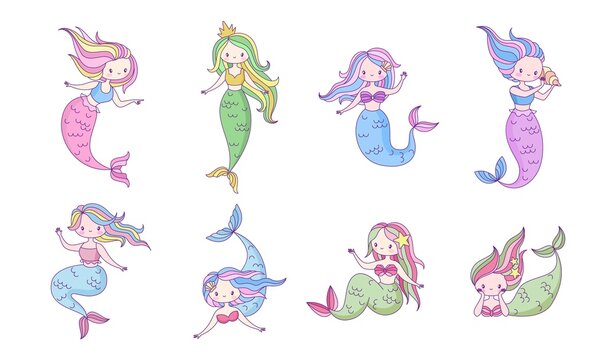 Mermaids cartoon set. Cute underwater princesses with fish tails swimming, fantasy creature with shells, myth of kids fairytale, adorable pretty character flat vector isolated collection