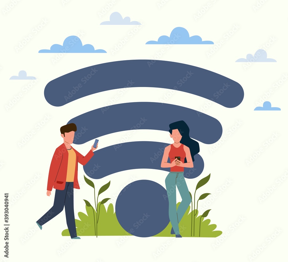 Wall mural Free internet zone. Man and woman using smartphones outdoors, wi-fi hotspot good signal, public access area, online technology wireless connection sign, vector flat cartoon wifi concept