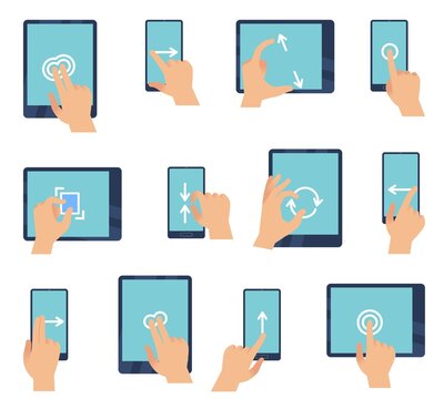 Hand gestures touching screen devices. Fingers gesture for tablet and smartphone using touchscreen technology instruction, gadget with multitouch interface click and swipe flat vector set