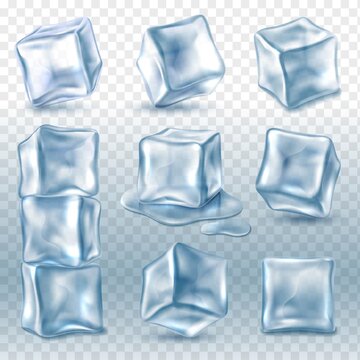 Ice cubes. 3d ice piece various angles collection, transparent frozen clear water blocks for drinks, glacial aqua objects pyramid, beverage cooling. Vector on transparent background set