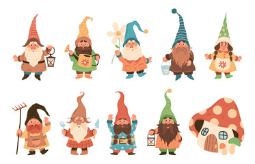 Gnome characters. Cute festive dwarfs with different attributes decoration yard collection, xmas fairy tale gnomes with lanterns and garden tools in hats colorful cartoon vector set