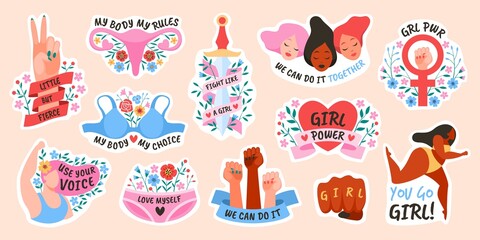 Girl power. Female movement feminist symbols, stickers or comic bubbles and slang words, short quotes grl pwr, body positive and gender equality, woman society and solidarity vector set