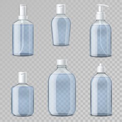 Hand sanitizer bottles. Realistic transparent vial templates, plastic containers mockup with alcohol gel, hygienic dispenser and spray, antibacterial soap and lotion packaging. Vector set