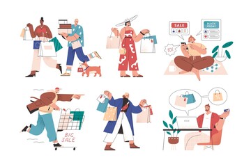 Naklejka premium Online and offline shopping by male and female buyers. Set of people with bags, carts, smartphone and laptop during big sale or black friday. Flat vector illustration isolated on white background
