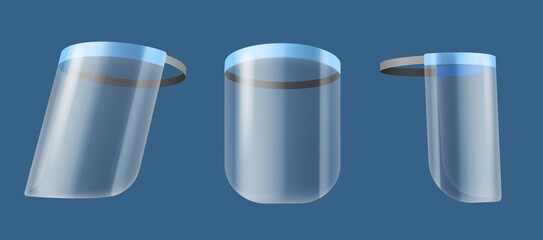 Face shield. Realistic protective transparent different angles face screen, infection prevention accessory, head medical protect, antibacterial barrier, stop spread Covid-19 vector set