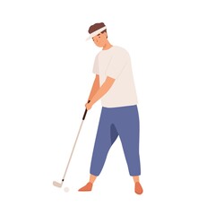 Professional male golfer with golf club. Smiling young man playing golf with niblick. Flat vector cartoon illustration of practicing sportsman isolated on white background