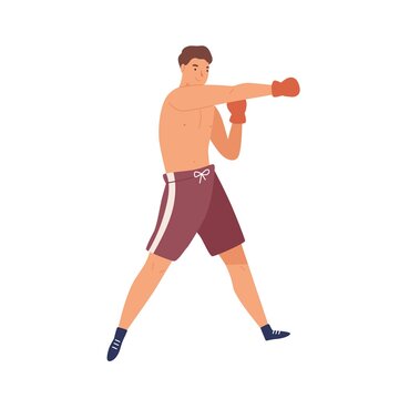 Colorful portrait of male boxer. Muscular man in sportswear and boxing gloves isolated on white background. Flat vector cartoon illustration of concentrated athletic box fighter