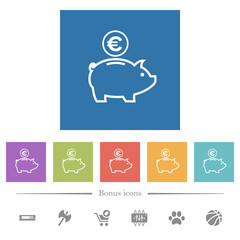 Euro piggy bank flat white icons in square backgrounds
