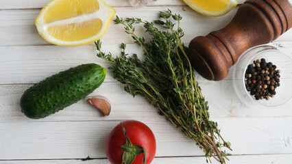 Vegetables and spices on kitchen table. Cooking classes concept