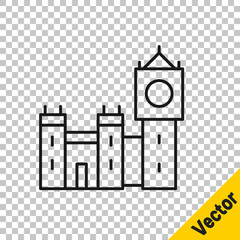 Black line Big Ben tower icon isolated on transparent background. Symbol of London and United Kingdom. Vector.