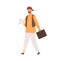 Male architect designer holding blueprints in tubes and a suitcase. Portrait of smiling bearded construction worker. Flat vector cartoon illustration of engineer isolated on white background