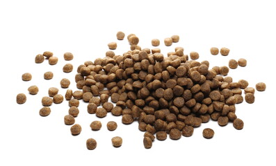 Dog food, dry granules for puppies isolated on white background