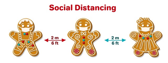 Christmas Gingerbread Man in Facial Mask. Social distancing poster with text to self quarantine and protect your health. New Year's pandemic coronavirus