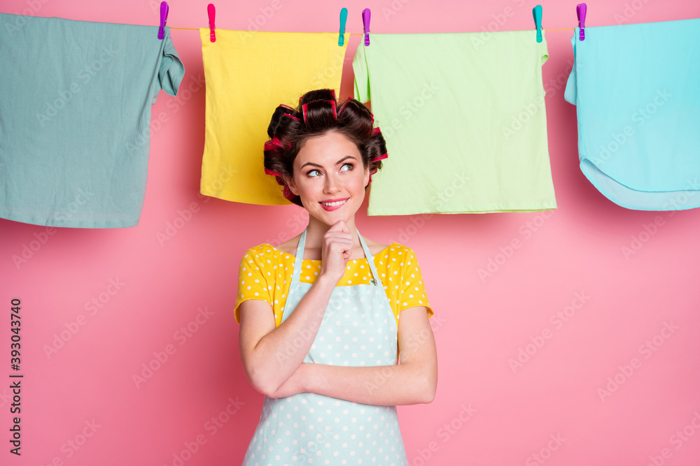 Poster portrait of pretty curious creative minded cheerful housemaid doing laundry thinking isolated on pin