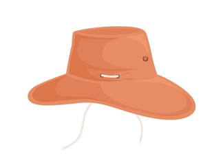 Summer pink female panama with drawstring. Fabric women brimmed hat in cowboy style. Flat vector cartoon illustration of fashionable textile headwear isolated on white background