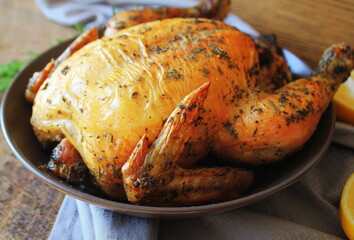 Roasted whole chicken or turkey for celebration and holiday. Christmas, thanksgiving, new year's eve dinner