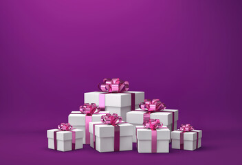 White gift boxes with pink ribbon on purple background