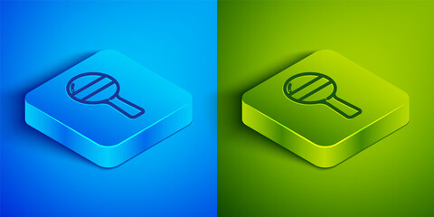 Isometric line Rattle baby toy icon isolated on blue and green background. Beanbag sign. Square button. Vector.