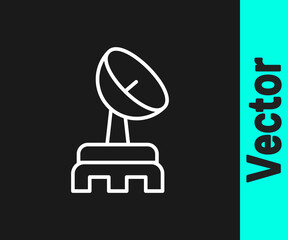 White line Radar icon isolated on black background. Search system. Satellite sign. Vector.