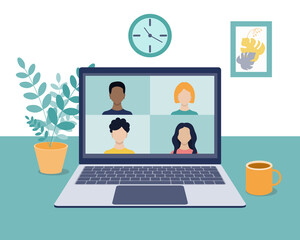 Video conference, online video communication with colleagues, friends, and students in a home or office environment. Remote work, training. Laptop screen with four people. Vector illustration in flat