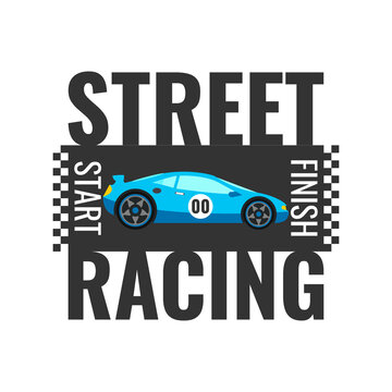 Street racing club logo, sign, icon, poster, banner concept design. Blue sport car on road. Vector illustration