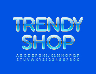 Vector chic logo Trendy Shop. Blue and Golden glossy Font. Elite Alphabet Letters and Numbers set