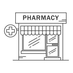 Pharmacy building line medicine concept. Architectural form can be used for website design, infographics and as an icon. Vector illustration isolated on white background.