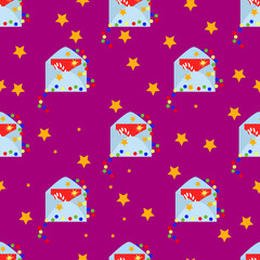 seamless Christmas pattern pattern with a letter to Santa Claus, stars and garland on a bright background. Vector illustration