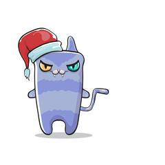Vector cartoon Santa Claus cat character with red Santa hat isolated on white background. Funny Christmas kids poster or print design template.
