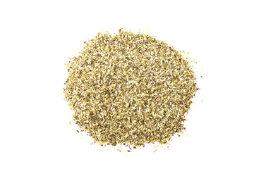 Dried chopped sage isolated on white background.