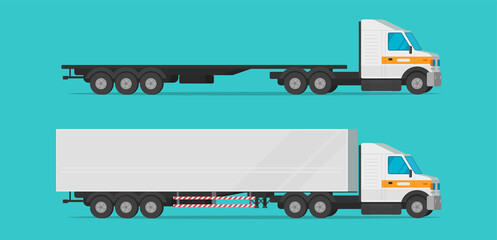 Freight cargo truck vector flat cartoon isolated, industry big long commercial lorry transport clipart, empty and loaded with container heavy vehicle