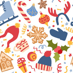 Decorative vector seamless pattern with Christmas and New Year decoration.