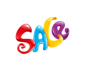 Inscription sale. Multicolored Twisting volumetric shiny letters with curls. Inflatable text, word for shop signs, mall Holiday discount banners, store promotions and offers. Bright isolated vector