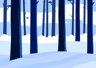 Winter landscape with blue forest. Landscape outdoor with snow background. Tall trees and light through trees in forest. Vector illustration