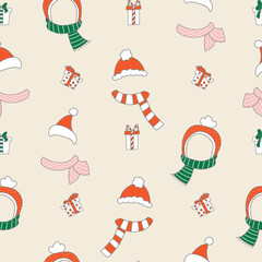 Christmas hats, scarfs and gifts seamless pattern