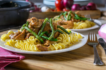 Pork Ragout with Pasta and green beans