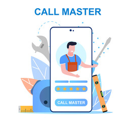 Repair of household appliances, maintenance mobile app. Handyman, master, husband for an hour. Repair call service concept for website or web page. Cartoon flat vector illustration with male character