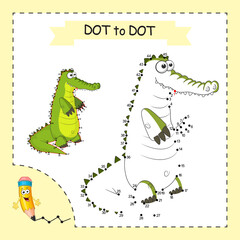 Dot to dot Game. Crocodile. Connect the dots by numbers to draw the animal. Education Game and Coloring Page with cartoon cute Crocodile. Logic Games with answer.Card for kid learning counting numbers