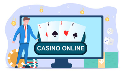 Casino and Gambling Concept. Website or web page on computer monitor with online poker, internet gambling, online casino. Cartoon flat vector illustration isolated on white background