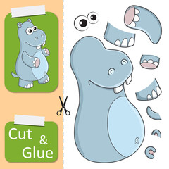 Cut and glue the paper Hippo. Create application the cartoon fun Behemoth. Education riddle entertainment and amusement for children. Kids logic game, activities jigsaw. Preschool worksheet activity.