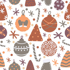 Seamless vector pattern with christmas toys in gingerbread colors. Candy can, snowflake and dots and other.