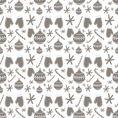 Grey christmas seamless pattern with christmas toys and mittens. Candy can and snowflake on cute vector background.