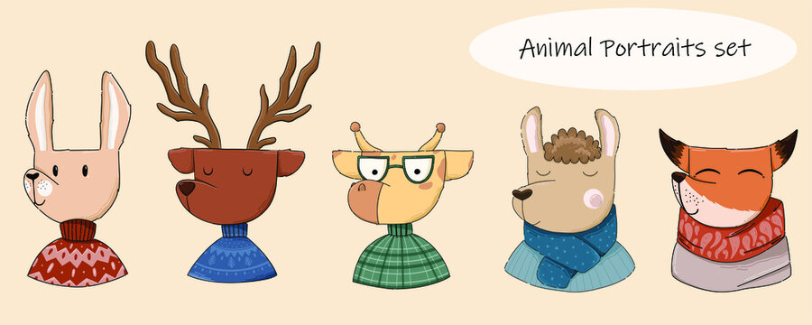 Animal portraits set. Bunny, deer, giraffe, lama, fox. Hand drawn vector illustration. Animals in winter outfit